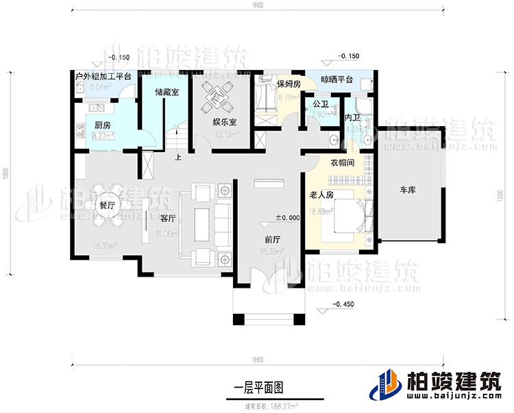 一層：2臥室，公衛，健身房，2露台。