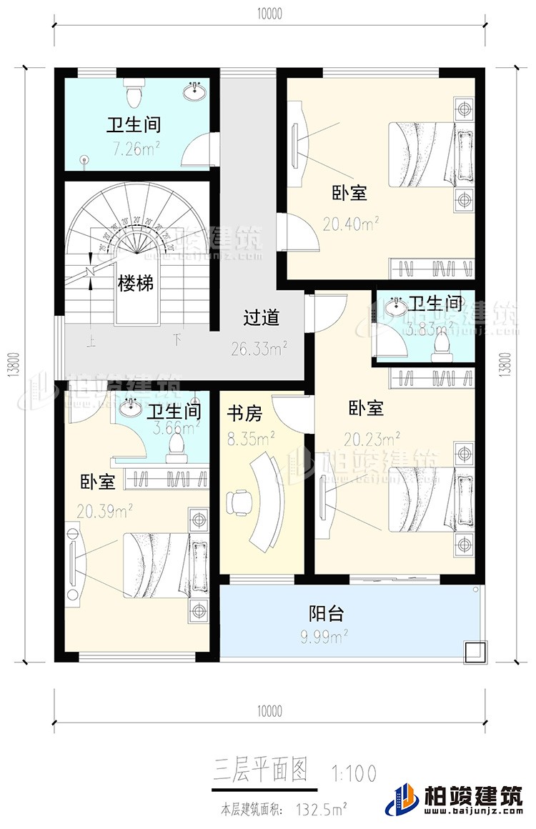 三層：3臥室，2內衛，公衛，樓梯，書房，陽台