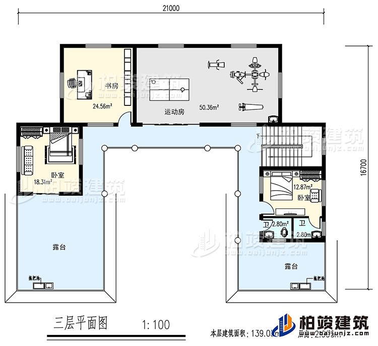 三層：書房，運動房，2臥室，2衛生間，露台