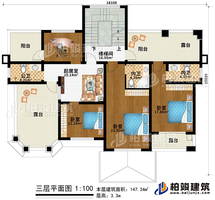 三層：3臥室、2內衛、公衛、書房、樓梯間、2陽台、3露台、起居室