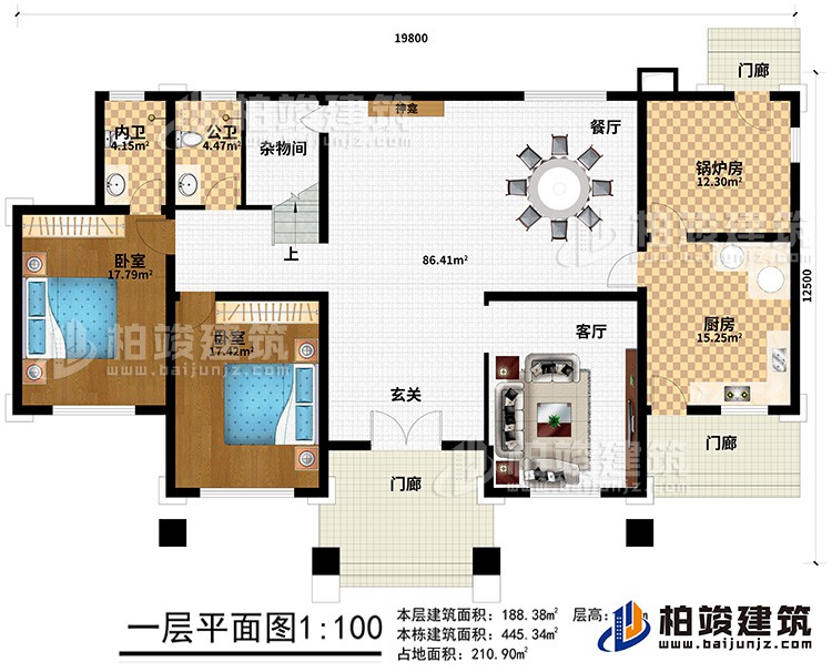 一層：3門廊、玄關、客廳、廚房、鍋爐房、2臥室、餐廳、神龕、雜物間、公衛、內衛