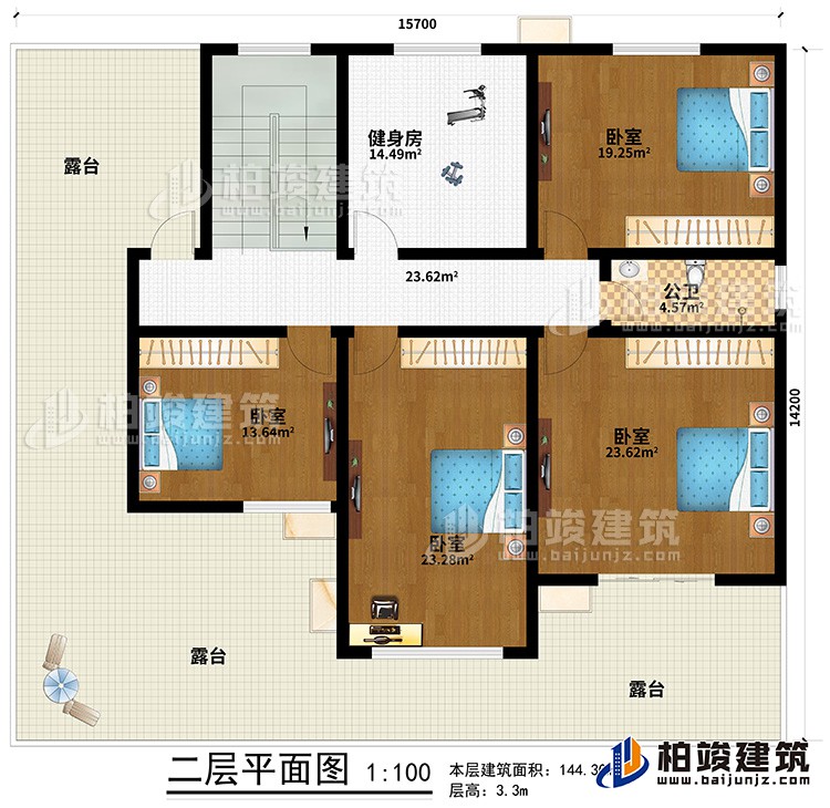 二層：4臥室，公衛，健身房，露台