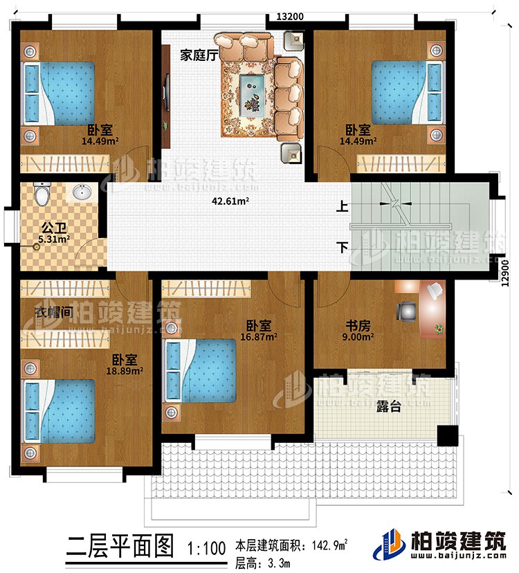 二層：4臥室、公衛、衣帽間、書房、露台、家庭廳