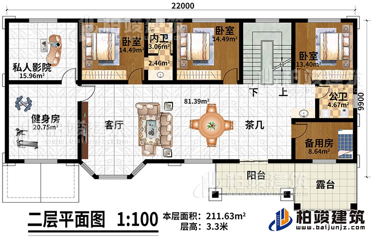 二層：客廳、茶幾、私人影院、健身房、備用房、3臥室、公衛、內衛、陽台、露台