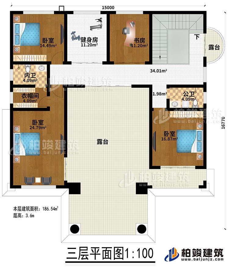 三層：3臥室、健身房、衣帽間、內衛、公衛、健身房、書房、2露台