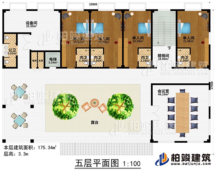 五層：樓梯間、過道、電梯、水井、電井、4單人間、4內衛、公衛、露台、會議