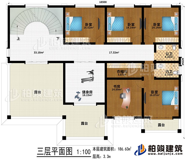 三層：4臥室、健身房、書房、衣帽間、3露台、公衛、內衛