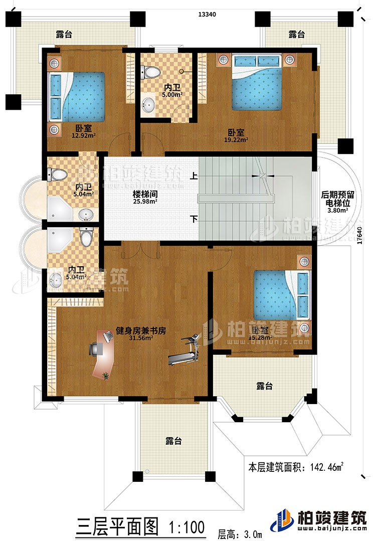 三層：樓梯間、健身房兼書房、3臥室、3內衛、後期預留電梯位、4露台