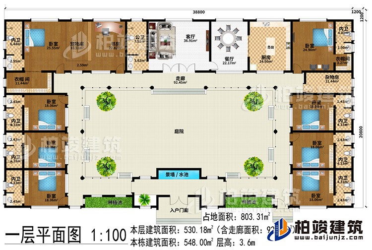 一層：入戶門廊、客廳、餐廳、廚房、8臥室、書房、2衣帽間、寵物間、雜物間、8內衛、公衛、2種植池、景牆/水池、庭院、走廊