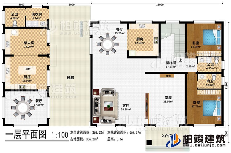 一層：入戶門廊、堂屋、客廳、神龕、2餐廳、2廚房、柴火房、樓梯間、洗衣房、2臥室、2公衛、內衛、島台、過廊