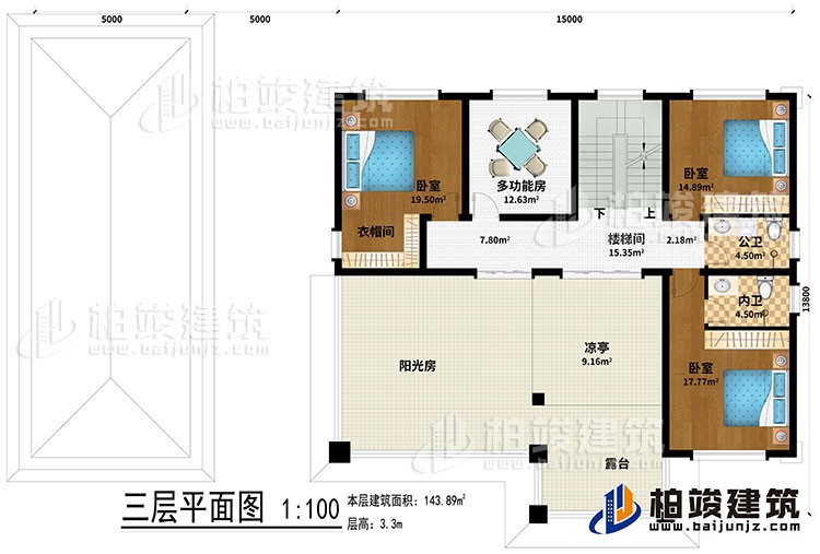 三層：樓梯間、3臥室、多功能房、衣帽間、公衛、內衛、涼亭、陽光房、露台