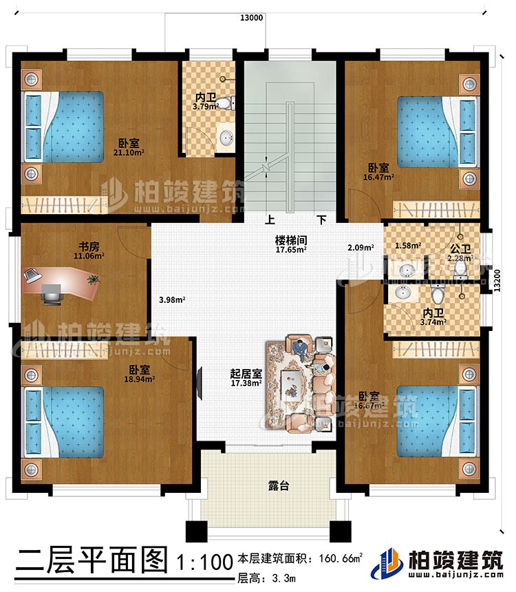 二層：起居室、樓梯間、4臥室、書房、公衛、內衛、露台