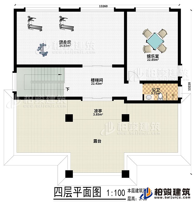 四層：健身房、娛樂室、樓梯間、公衛、涼亭、露台