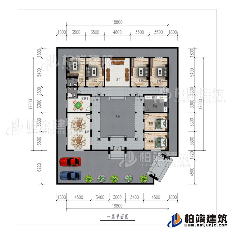 一層：車庫、餐廳、棋牌室、廚房、正廳、6臥室、公衛、內衛