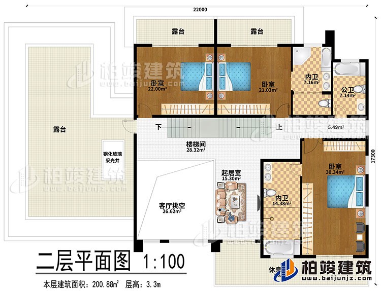 二層：起居室、樓梯間、客廳挑空、3臥室、3露台、鋼化玻璃采光井、2內衛、公衛、休息陽台