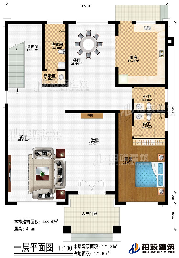 一層：入戶門廊、堂屋、神龕、客廳、餐廳、廚房、臥室、公衛、內衛、洗漱區、洗衣房、儲物間