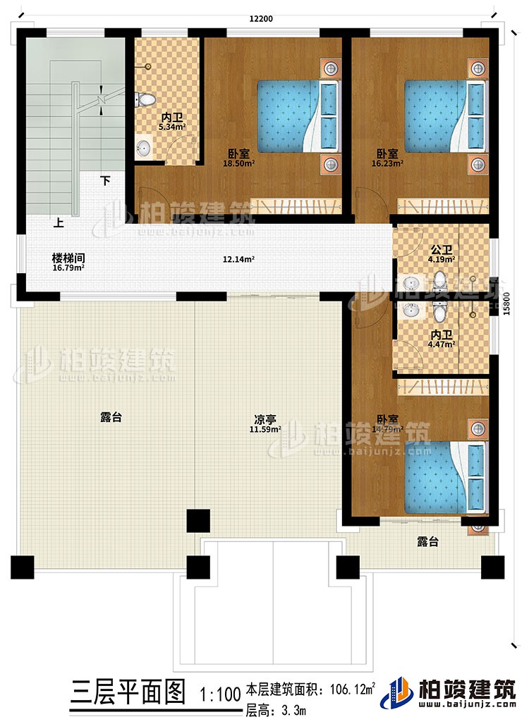 三層：樓梯間、3臥室、2內衛、公衛、涼亭、2露台