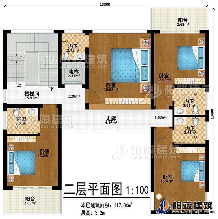 二層：走廊、4臥室、4內衛、2陽台、樓梯間、電梯