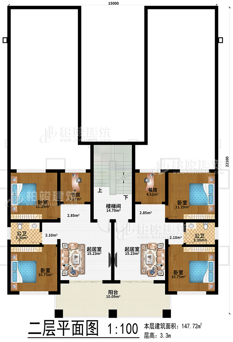 二層：2起居室、2書房、4臥室、2公衛、樓梯間、陽台