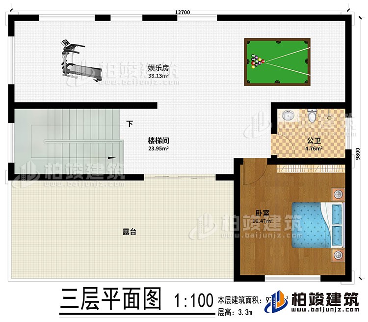 三層：娛樂室、樓梯間、公衛、臥室、露台