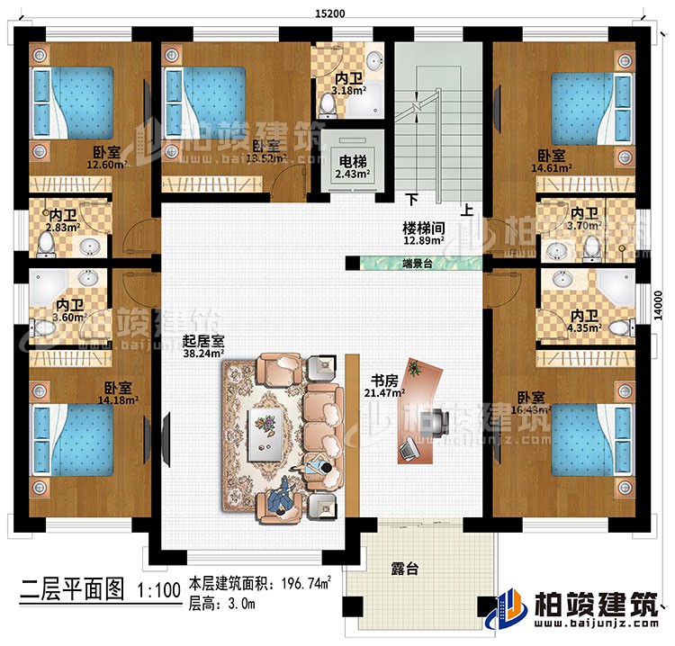 二層：樓梯間、端景台、起居室、書房、5臥室、電梯、5內衛、露台