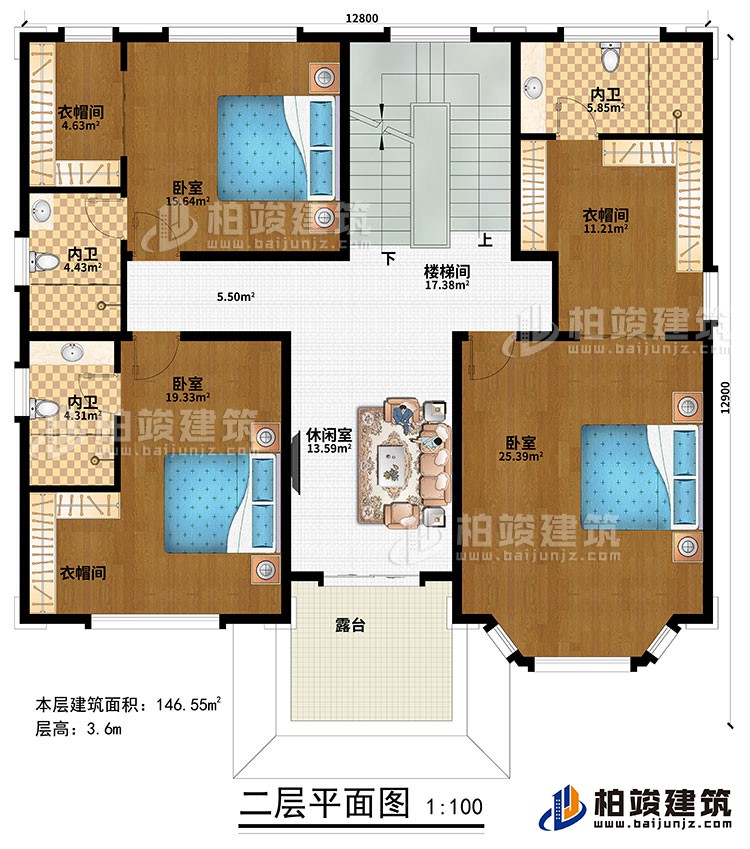 二層：樓梯間、休閑室、3臥室、3衣帽間、3內衛、露台