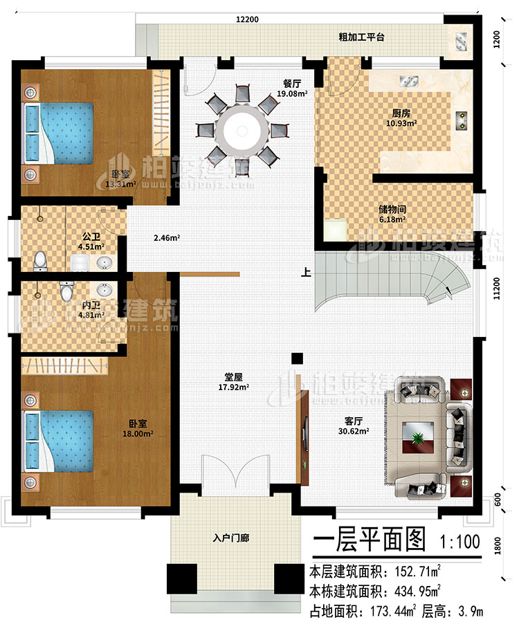 一層：入戶門廊、堂屋、客廳、餐廳、廚房、儲物間、2臥室、公衛、內衛、粗加工平台