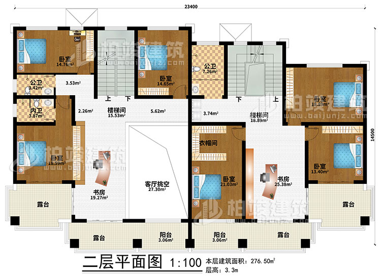 二層：2樓梯間、2書房、客廳挑空、6臥室、2公衛、內衛、2陽台、4露台、衣帽間