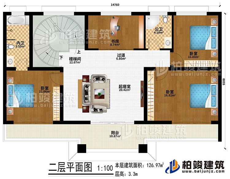 二層：起居室、樓梯間、過道、3臥室、書房、公衛、內衛、陽台