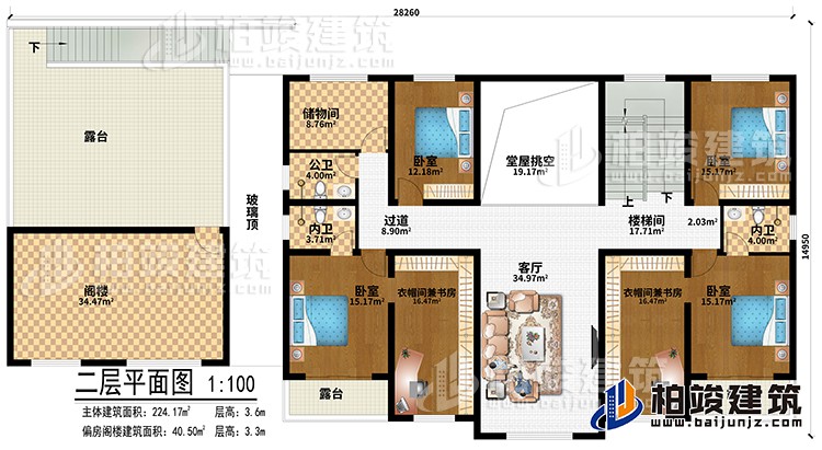 二層：客廳、堂屋挑空、樓梯間、過道、閣樓、4臥室、2衣帽間兼書房、2內衛、公衛、儲物間、3露台