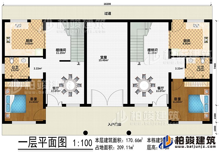 一層：入戶門廊、過道、堂屋、2廚房、2樓梯間、2餐廳、2臥室、2公衛