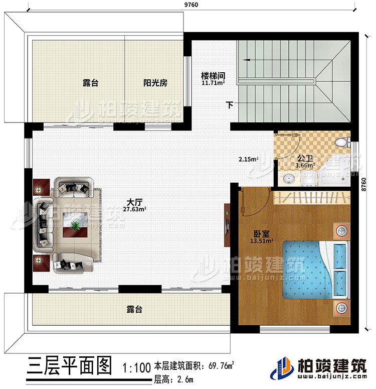 三層：樓梯間、大廳、臥室、公衛、陽光房、2露台