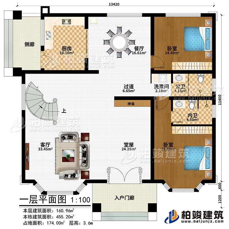 一層：入戶門廊、側廊、堂屋、神龕、客廳、廚房、餐廳、過道、2臥室、洗漱間、公衛、內衛