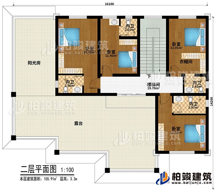 二層：4臥室、衣帽間、樓梯間、4內衛、陽光房、露台