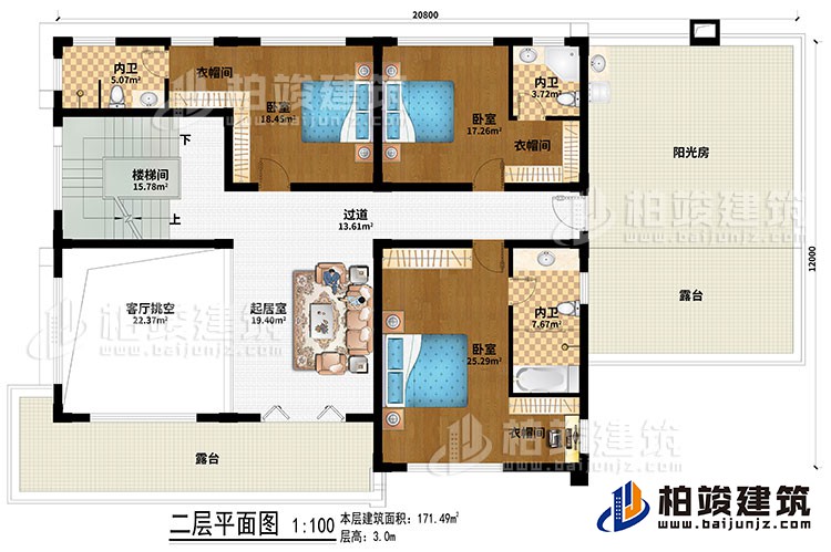 二層：樓梯間、客廳挑空、起居室、過道、3臥室、3衣帽間、3內衛、陽光房、2露台