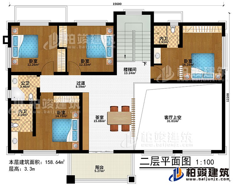 二層：樓梯間、茶室、客廳上空、4臥室、過道、公衛、2內衛、陽台